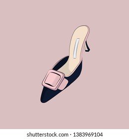 Stylish blue shoes with heels. Fashion and style, clothing and accessories. Footwear. Vector illustration for a postcard or a poster, print for clothes. Vintage and retro