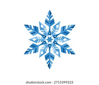 Ilustração elegante floco de neve azul com simetria geométrica afiada, gradientes gelados e design vetorial limpo, isolado no fundo branco.
