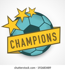 Stylish blue soccer ball with golden stars and champions ribbon on grey background. 