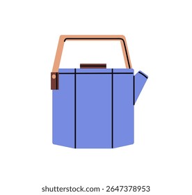 Pote de chá azul elegante com alça. bule de metal para ferver água para bebidas quentes. Chaleira de moda para fazer café, ervas, preparando bebidas à base de ervas. Ilustração de vetor isolado plano sobre fundo branco