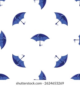 Elegantes paraguas azules que se repiten sobre fondo blanco, formando un patrón sin fisuras, ideal para fondos, texturas y estampados textiles