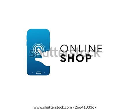 Stylish blue and white vector logo for online shopping. Features a smartphone with a hand interacting with the screen. Perfect for websites, apps and marketing materials.