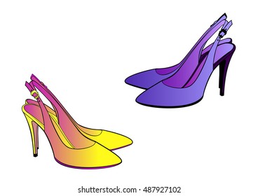 Stylish blue and yellow gradient women's high-heeled shoes with a thong without background