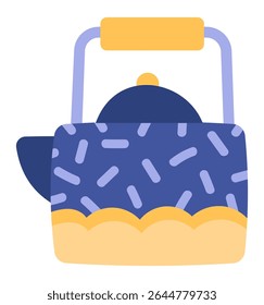 Stylish blue and yellow teapot featuring a handle and spout, pouring hot water and creating a cozy atmosphere, perfect for enjoying tea time and savoring warm beverages