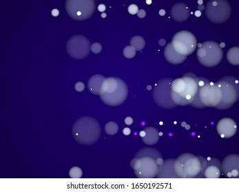 Stylish blurry bokeh lights holiday decoration. White abstract snowflakes over dark blue background. Blurred bokeh lights flare effect round random dust New year banner backdrop