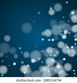 Stylish blurry bokeh lights vector background. White abstract snowflakes over dark blue background. Blurred bokeh lights flare effect circle random dust Christmas poster pattern