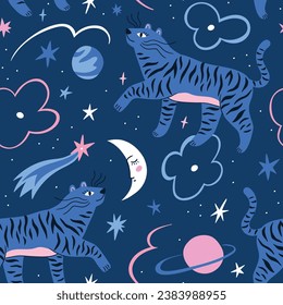 Stylish boho animal pattern design in hand-drawn style. Mystical tiger kids print design. Cute animals and starsom dark blue background.