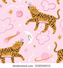 Stylish boho animal pattern design in hand-drawn style. Mystical tiger kids print design. Cute animals and starsom pink background.