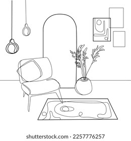 The stylish boho composition at living room interior design with an armchair,mirror,vase with reeds, tylish  lamps and abstract posters.Line art drawing.Boho chic Cozy apartment.Home decor vector 