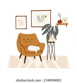 Stylish boho interior with comfy armchair, home plants and cat. Cozy living room in boho style. Flat colorful vector illustration