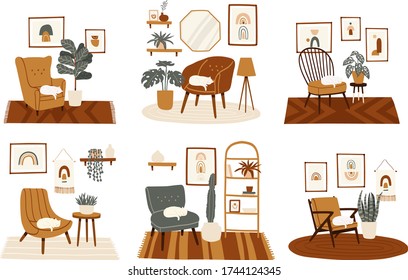 Stylish boho interior set with different comfy armchairs, home plants and cat. Cozy living room in boho style set. Flat colorful vector illustration