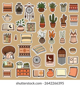 Stylish boho vector collection with cozy home decor elements like plants, books, pillows, pottery, and textiles. Perfect for stickers, prints, branding, and lifestyle projects.