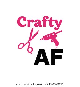 Un diseño de camiseta de tipografía elegante y audaz con la frase 'Crafty AF' con herramientas de elaboración como tijeras y una pistola de pegamento, perfecto para los entusiastas del bricolaje.
