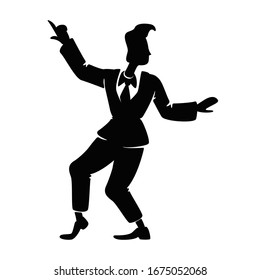 Stylish boogie woogie male dancer black silhouette vector illustration. Person in rock n roll pose. Rockabilly style guy on dance floor 2d cartoon character shape for commercial, animation, printing