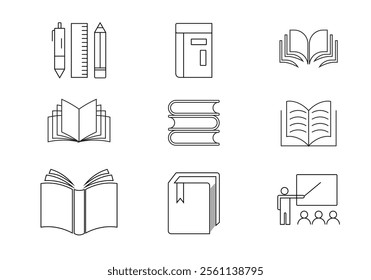 Stylish Book and Pencil Line Icon Collection, Ideal for School and Writing. 