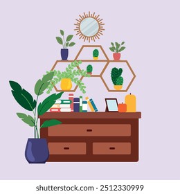 Stylish bookshelf with plants, books, and a decorative mirror in modern home decor Vector illustration
