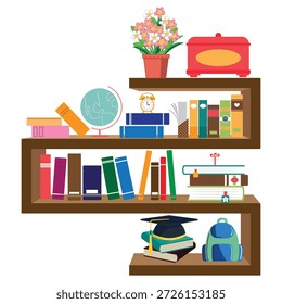 Vetor de estante elegante com decoração de escritório e estudo