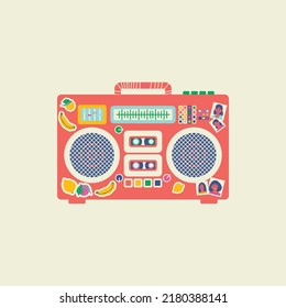 Stylish boombox illustration with stickers. Nostalgia. Vibes from the 80s and 90s. Vector postcard, print, design