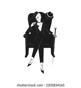 Stylish boss or business woman with a mohawk in an elegant retro suit sits cross-legged on a chair and holds a cane. Strong and power girl vector illustration in noir style.