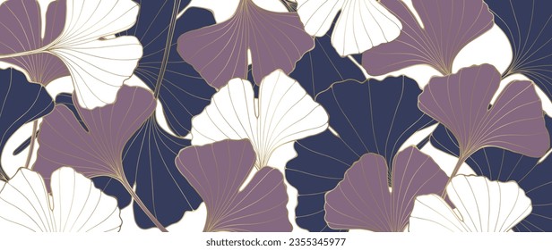 Stylish botanical background with ginkgo biloba leaves. Luxury background in blue, purple and white shades with gold outline.