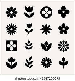 Stylish botanical design with a variety of flower and leaf icons in a modern, minimal style, silhouette