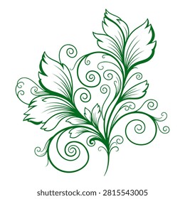 Stylish botanical illustration featuring detailed green leaves and swirling decorative elements, perfect for nature-themed projects.