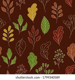 Stylish botanical seamless pattern in doodle style. Vector print in autumn colors on a dark brown background.