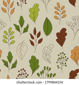 Stylish botanical seamless pattern in doodle style. Vector print in autumn colors on a gray background.