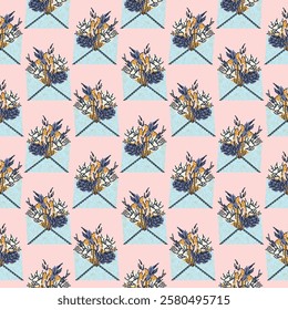 Stylish botanical seamless pattern with envelopes with flowers inside. Vector background, illustration, design