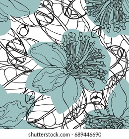 Stylish botanical seamless vector  pattern with big flowers and buds
