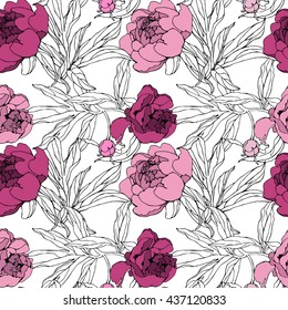 Stylish botanical seamless vector peony pattern with big flowers and buds