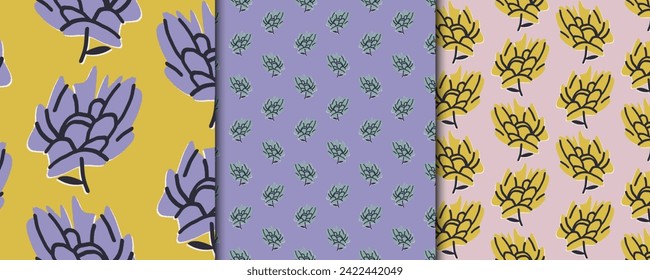 Stylish botanical set with seamless patterns with flowers. Vector backgrounds, illustrations, designs