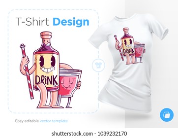 Stylish bottle of alcohol. Print on T-shirts, sweatshirts, cases for mobile phones, souvenirs. Vector illustration on white background.