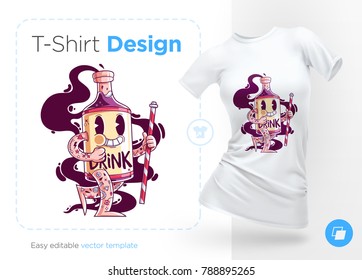 Stylish bottle of alcohol with tattoos. Prints on T-shirts, sweatshirts, cases for mobile phones, souvenirs. Isolated vector illustration on white background.