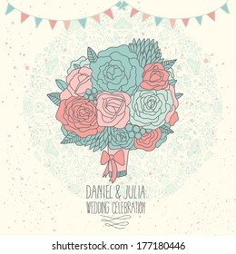 Stylish bouquet made of roses in vector. Gentle wedding invitation card. Save the date card