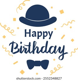 Stylish bowler hat and snazzy bow tie are throwing a joyous birthday bash surrounded by vibrant confetti, exuding elegance and cheer, perfect for special events or holiday gatherings