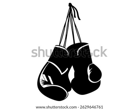 Stylish Boxing Gloves Silhouette Vector Graphic, black and white silhouette of two boxing gloves hanging, creating a strong, dynamic visual. boxing gloves, boxing, martial arts, sports, monochrome.