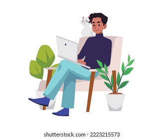 Stylish boy copywriter working at home with cat flat style, vector illustration isolated on white background. Home office, distant work, young smiling character