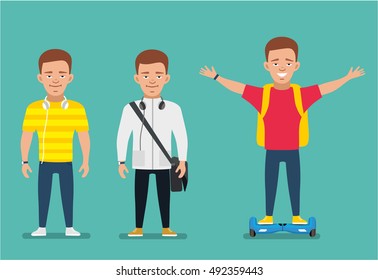 Stylish Boy in different clothes and poses, standing on the ground and on Giro scooter. Cartoon character. Flat illustration