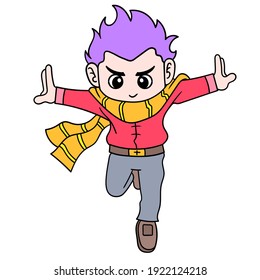 Un chico elegante salta como un superhéroe, el garabato dibuja kawaii. ilustración vectorial