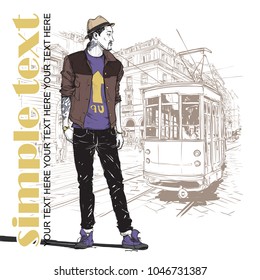 Stylish boy and old tram. Vector illustration.