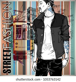 Stylish boy and old tram. Vector illustration.