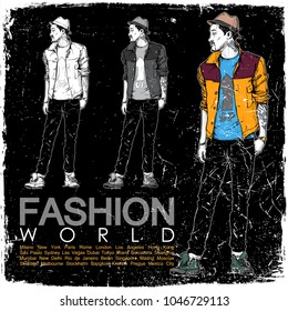 Stylish boy on a grunge background. Vector illustration.