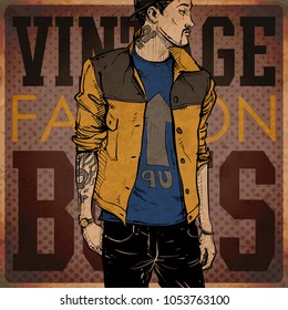 Stylish boy on a grunge background. Vector illustration.