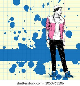 Stylish boy on a grunge background. Vector illustration.