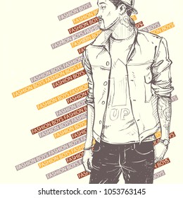 Stylish boy on a grunge background. Vector illustration.