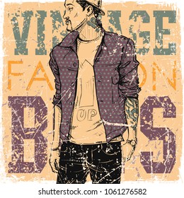 Stylish boy on a grunge background. Vector illustration.