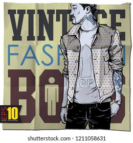 Stylish boy on a grunge background. Vector illustration.