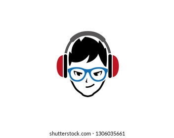 Stylish boy put headphone and blue glasses for logo design