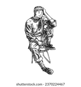 a stylish boy sit on a chair wearing beanie, people hand drawn illustration vector